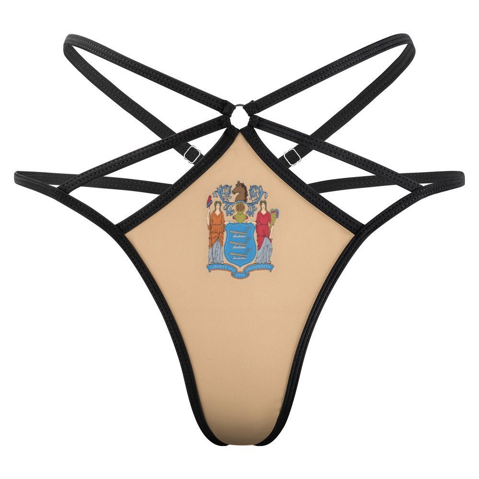 [Brand] tan thong with black straps, New Jersey emblem.
