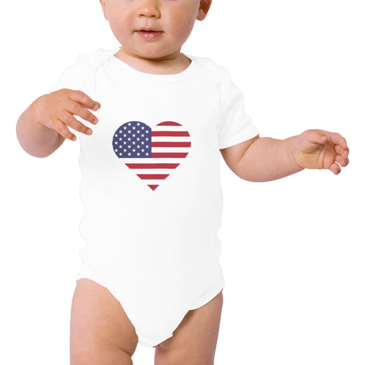 USA/American Flag Inspired Heart Baby Short Sleeve Unisex Bodysuits Made in USA）