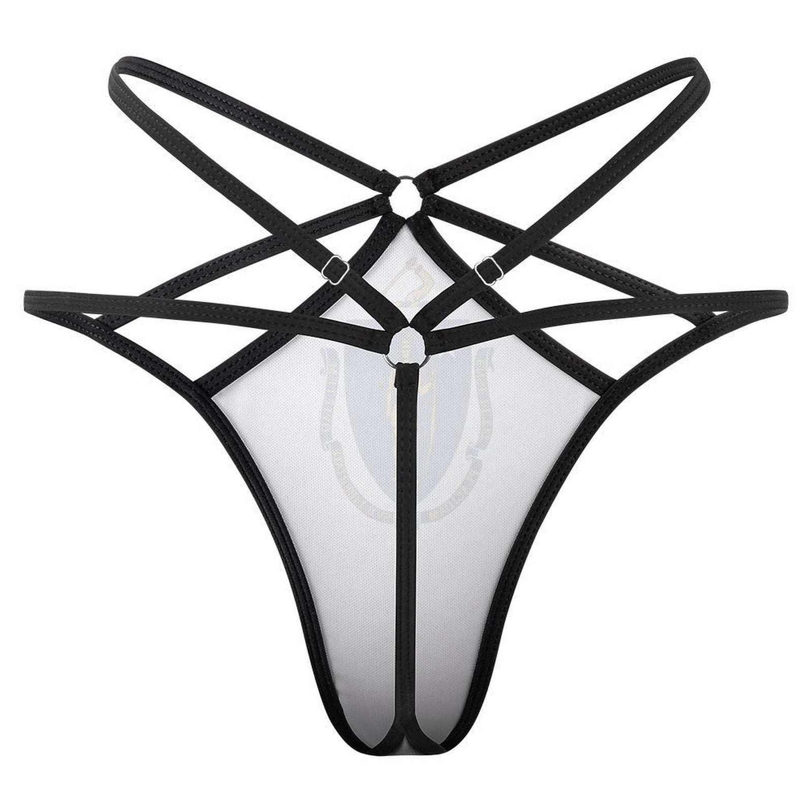Black strappy lingerie, geometric design by [Brand], against white background.