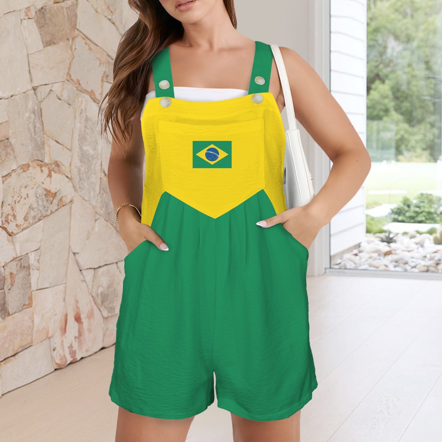 Brazil Flag Inspired Pocket Bib Short Romper