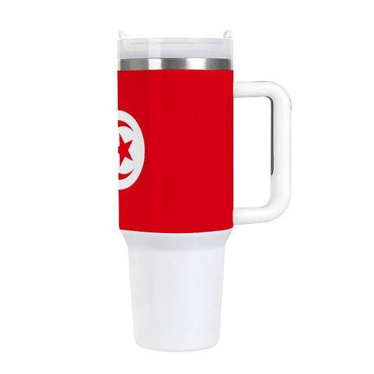Red travel mug with handle and [Brand] logo, stylish design.
