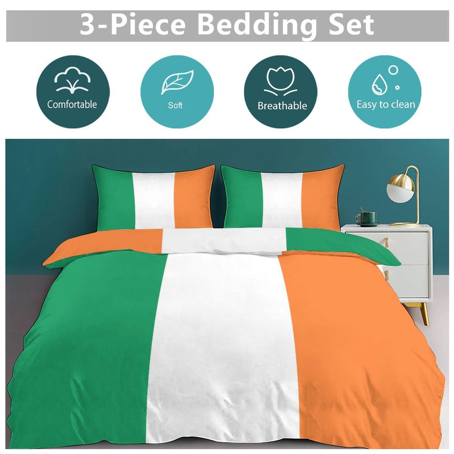 Ireland Flag Inspired 3-Piece Bedding Set (1 Duvet Cover + 2 Pillow Shams) – 102"×90"