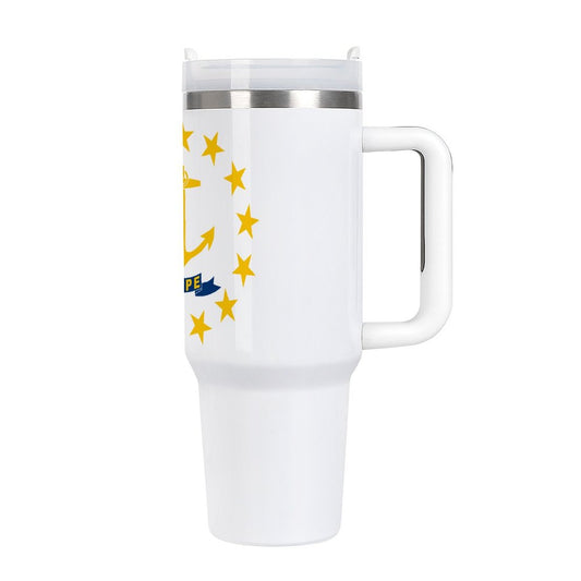 White travel mug with stars design and [Brand] logo visible.
