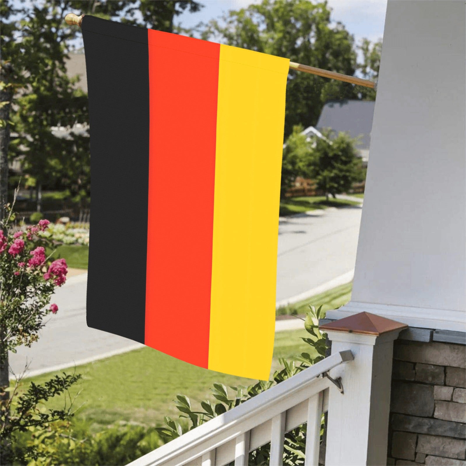 [Luv My Flag] Germany flag hanging on porch railing.