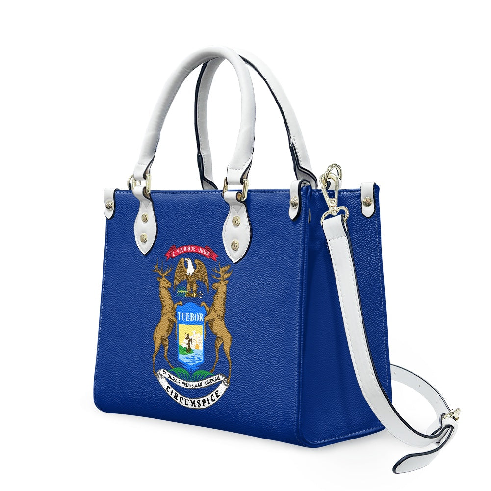 Blue handbag with state emblem, white handles, [Brand].