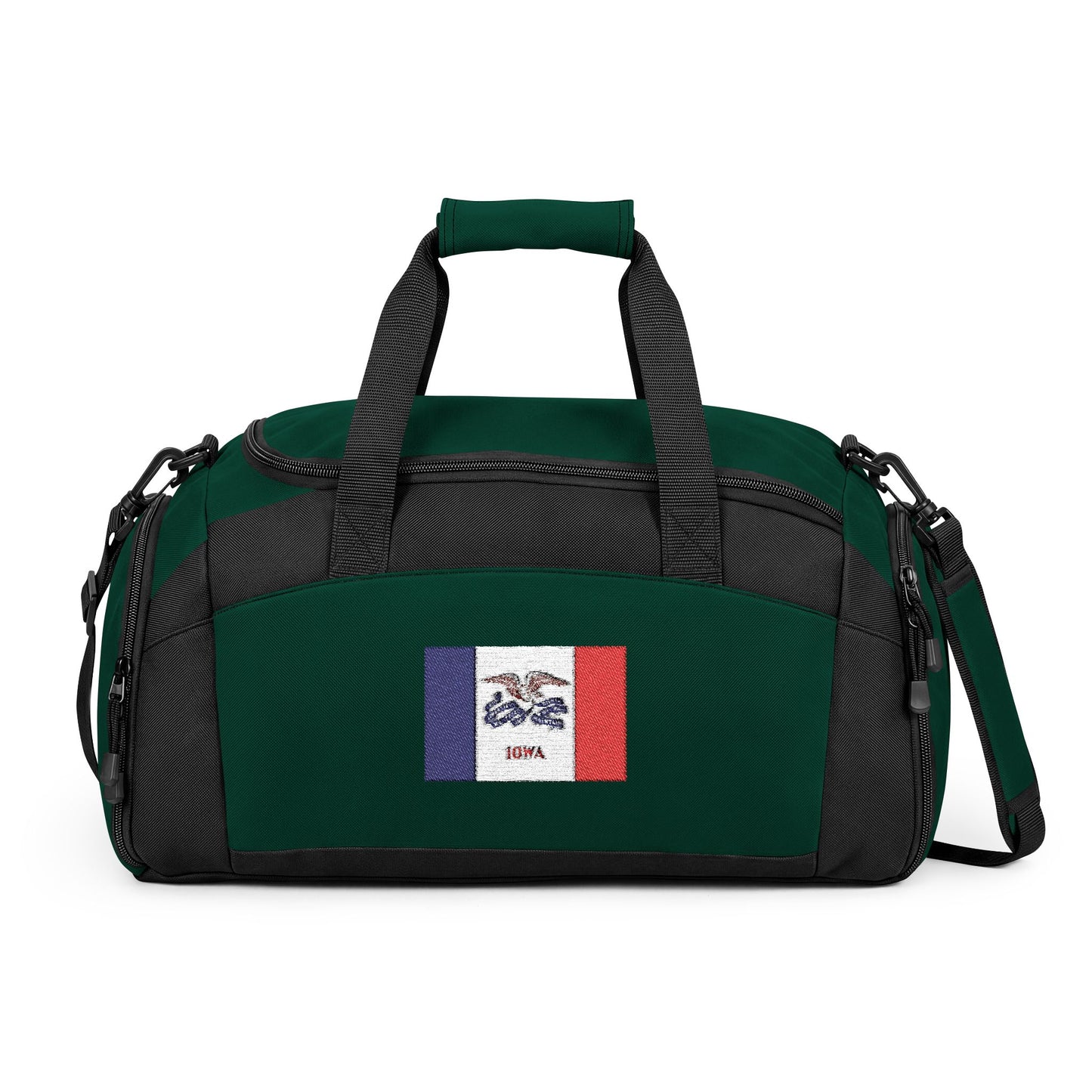 Iowa Flag Gym Bag — Black Duffle with Embroidered Iowa Flag
