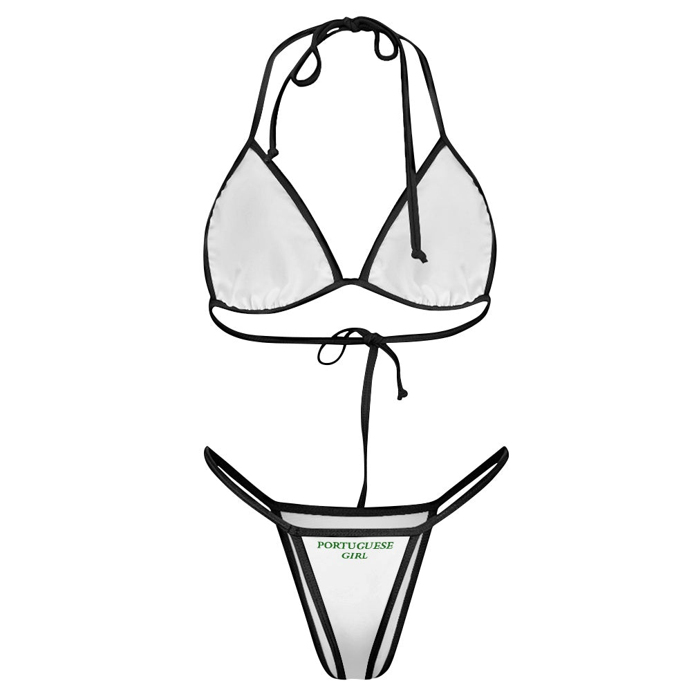 White and black bikini with "Portuguese Girl" text, [Brand].