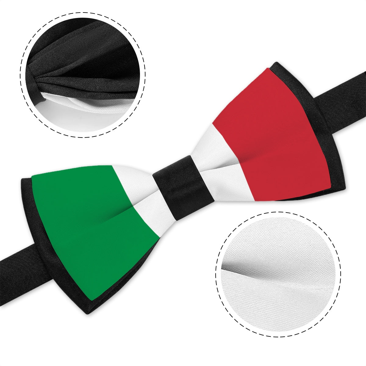 [Brand] bow tie featuring Italian flag colors with details.