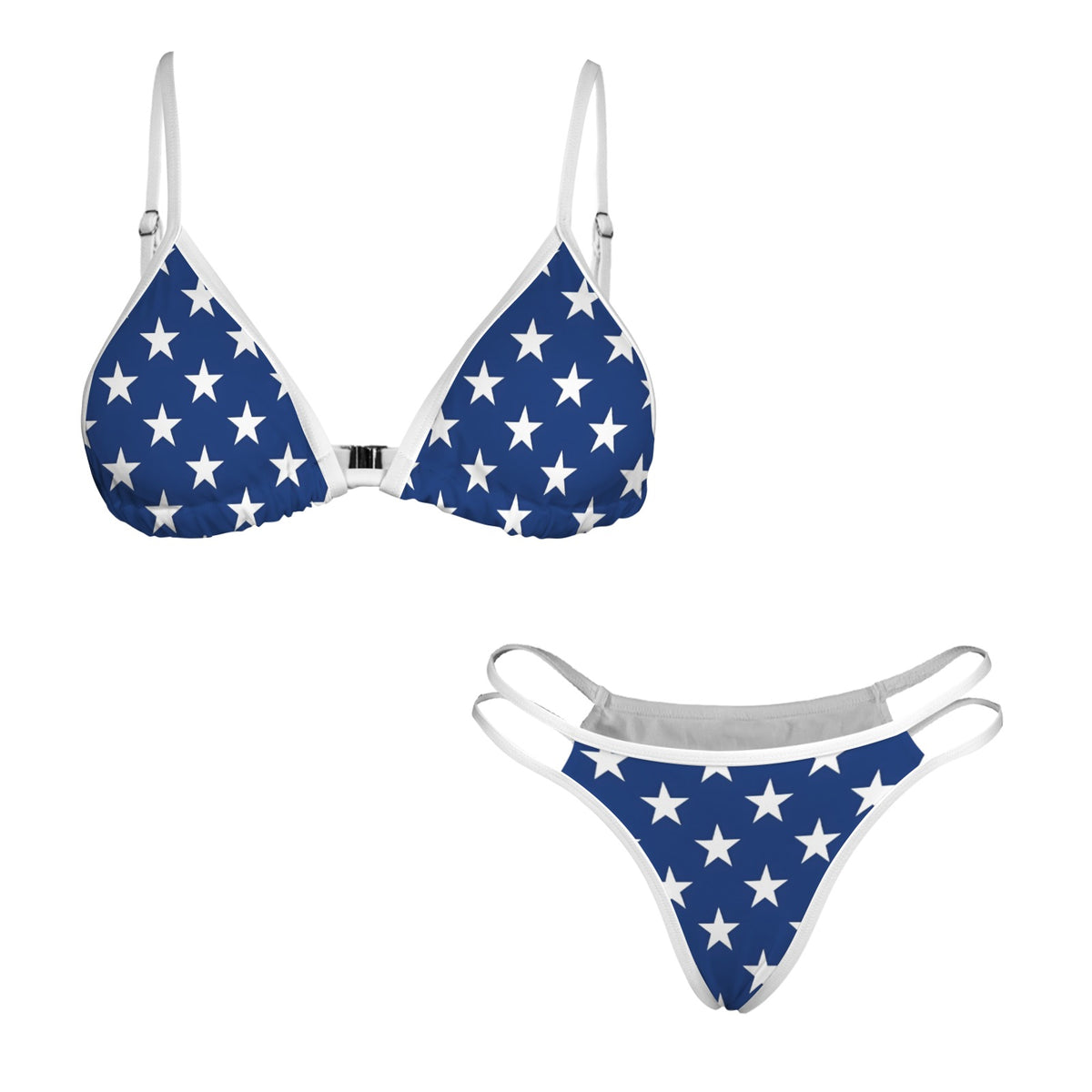 USA/American Flag Inspired White Stars on Blue w/White String Double-Strap Triangle Bikini Set