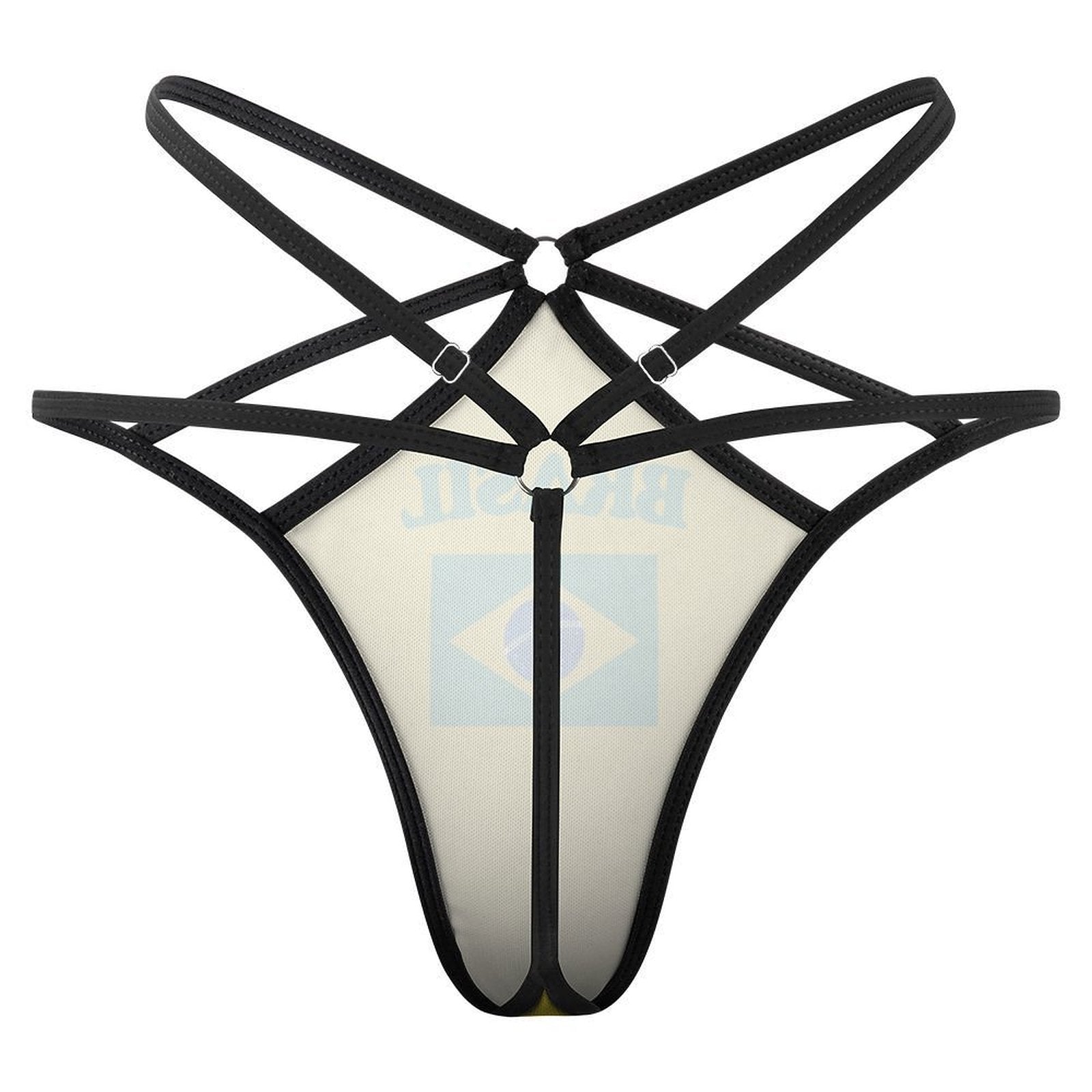 Black strappy bikini bottom with cutouts, featuring [Brand] design.