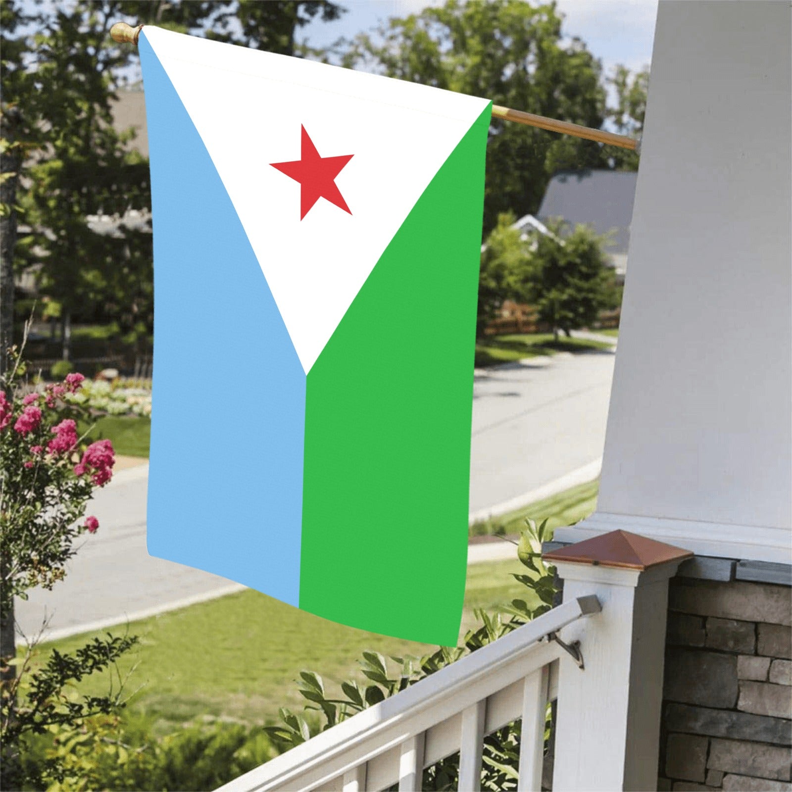 [Luv My Flag] colorful flag on porch under sunny sky.