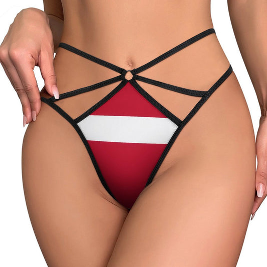 [Brand] red and white strappy lingerie with black details.