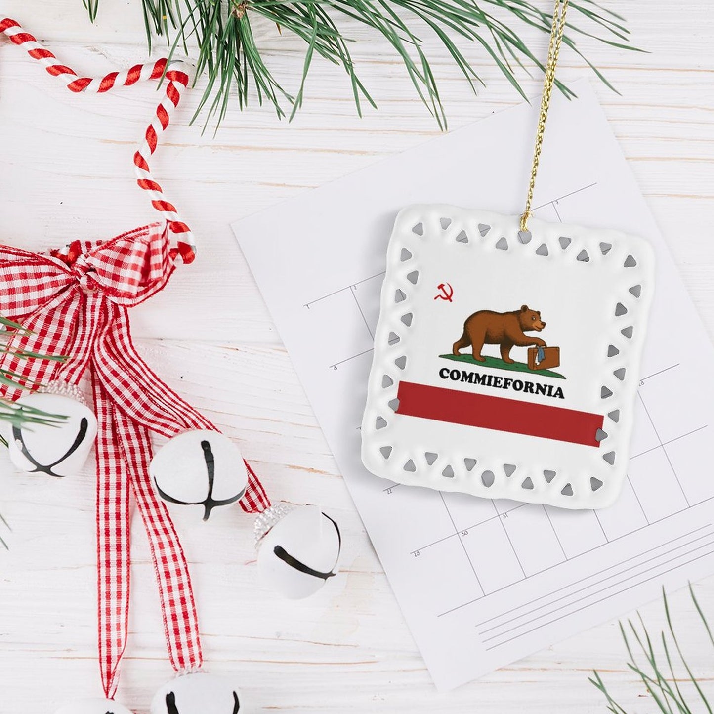 California (Commiefornia) Flag Inspired Square Ceramic Ornament Made in the USA