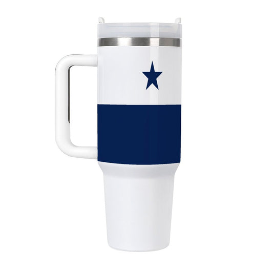 White travel mug with blue star stripe, [Brand] logo.