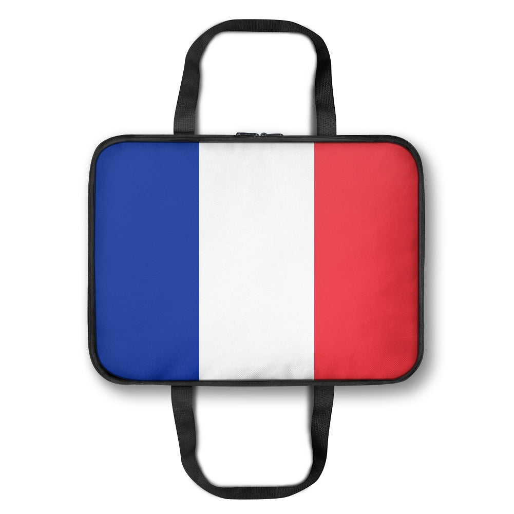 Blue, white, red [Brand] laptop bag with handles and zipper.