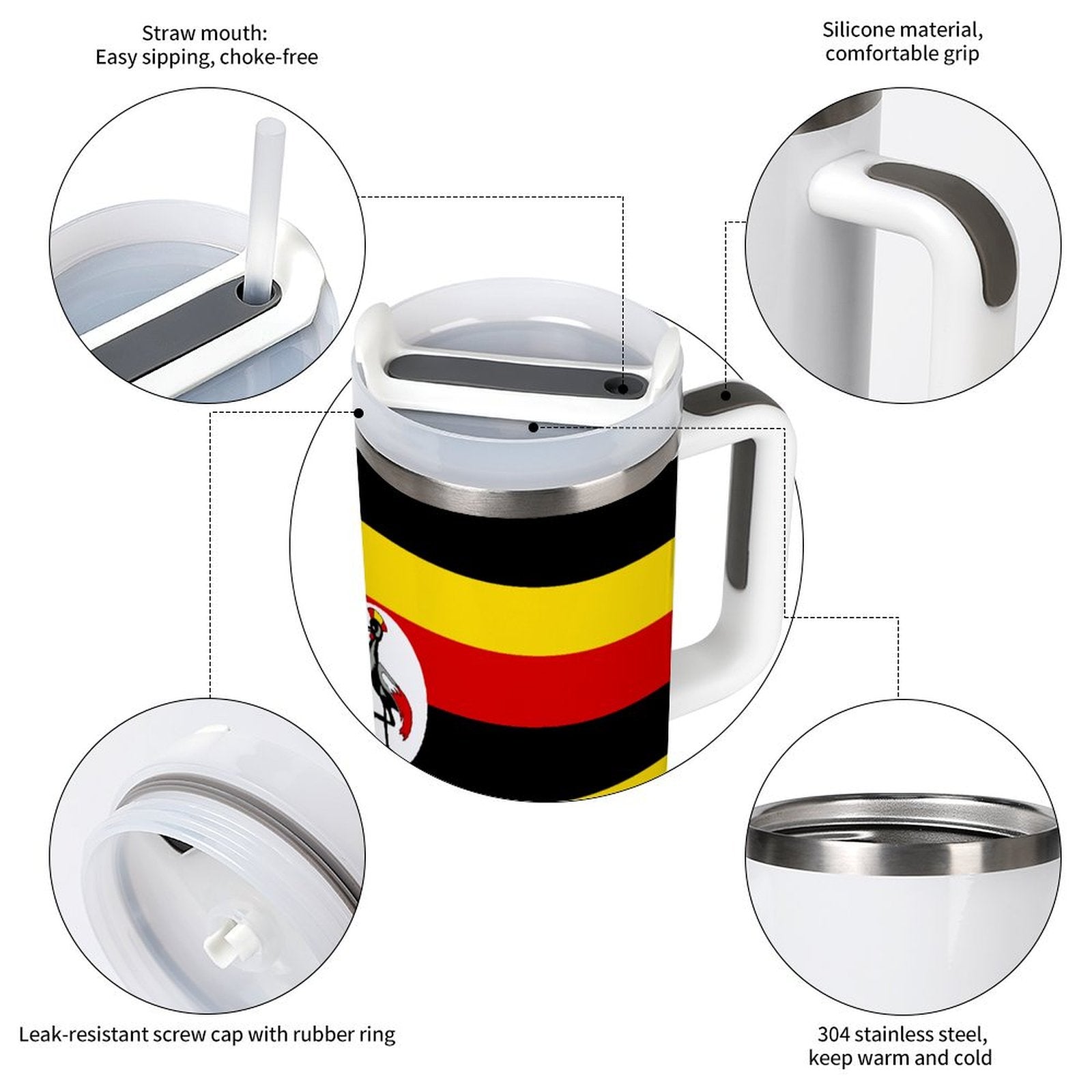 [Brand] insulated mug with Uganda flag design, featuring straw.