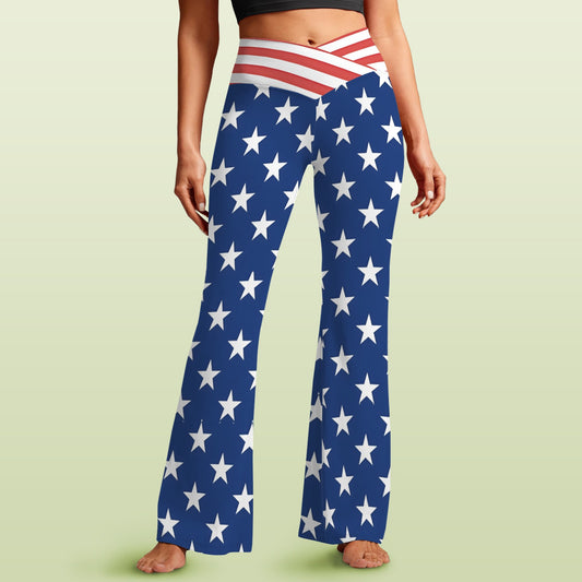 USA/American Flag Inspired Women's V-Crossover High Waisted Flare Leggings