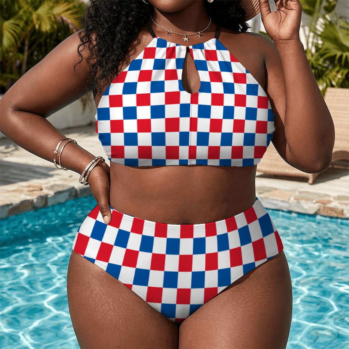 USA/American Flag Inspired Checkered Pattern Plus Size High Waisted Bikini