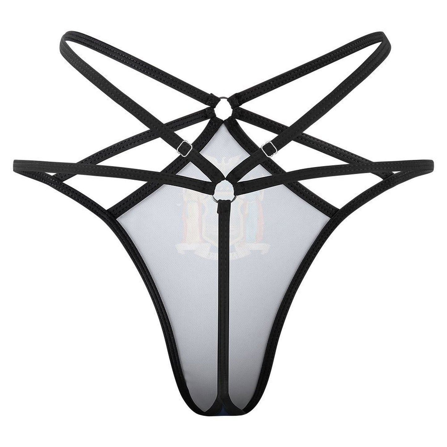 Black strappy harness lingerie with geometric design by [Brand].