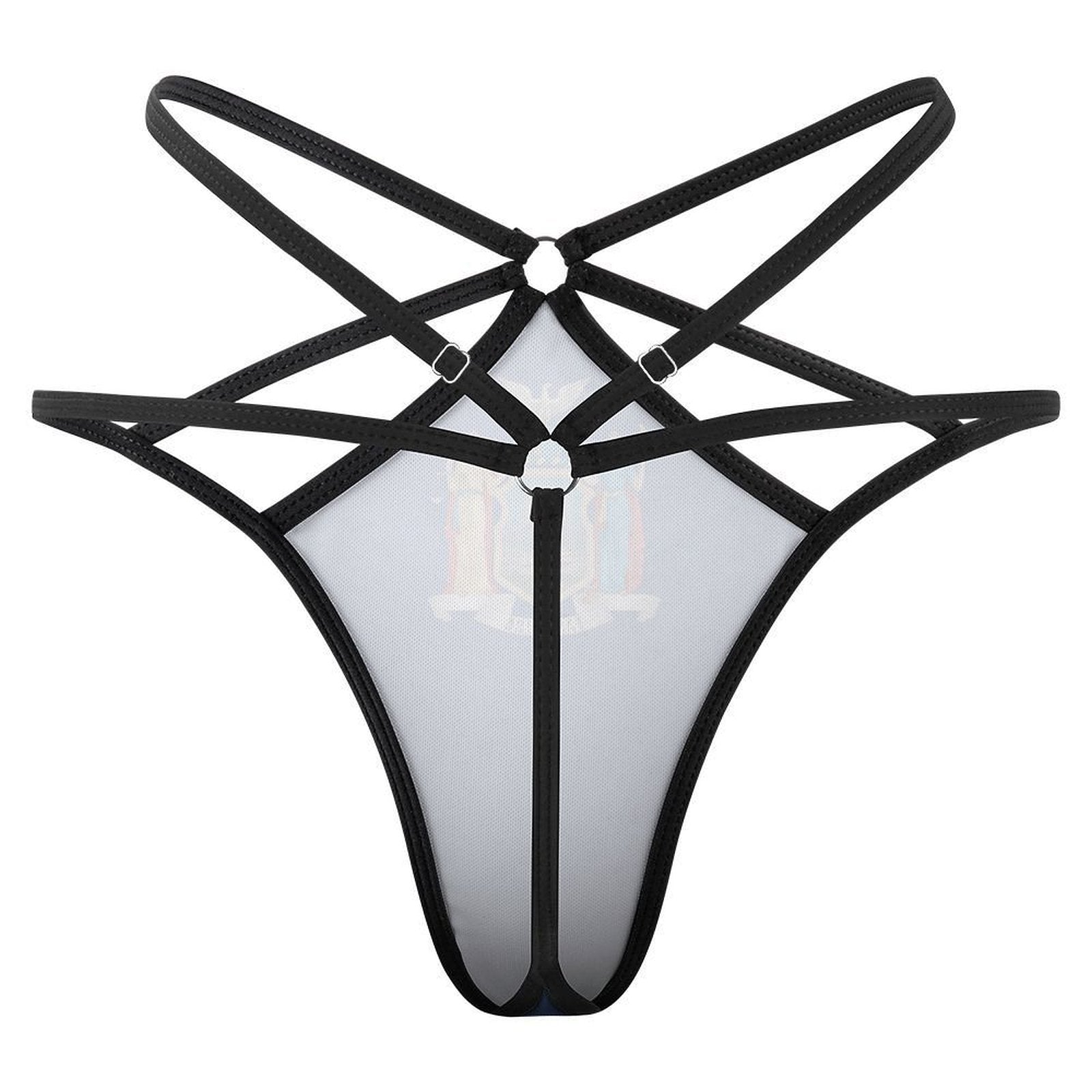 Black strappy harness lingerie with geometric design by [Brand].