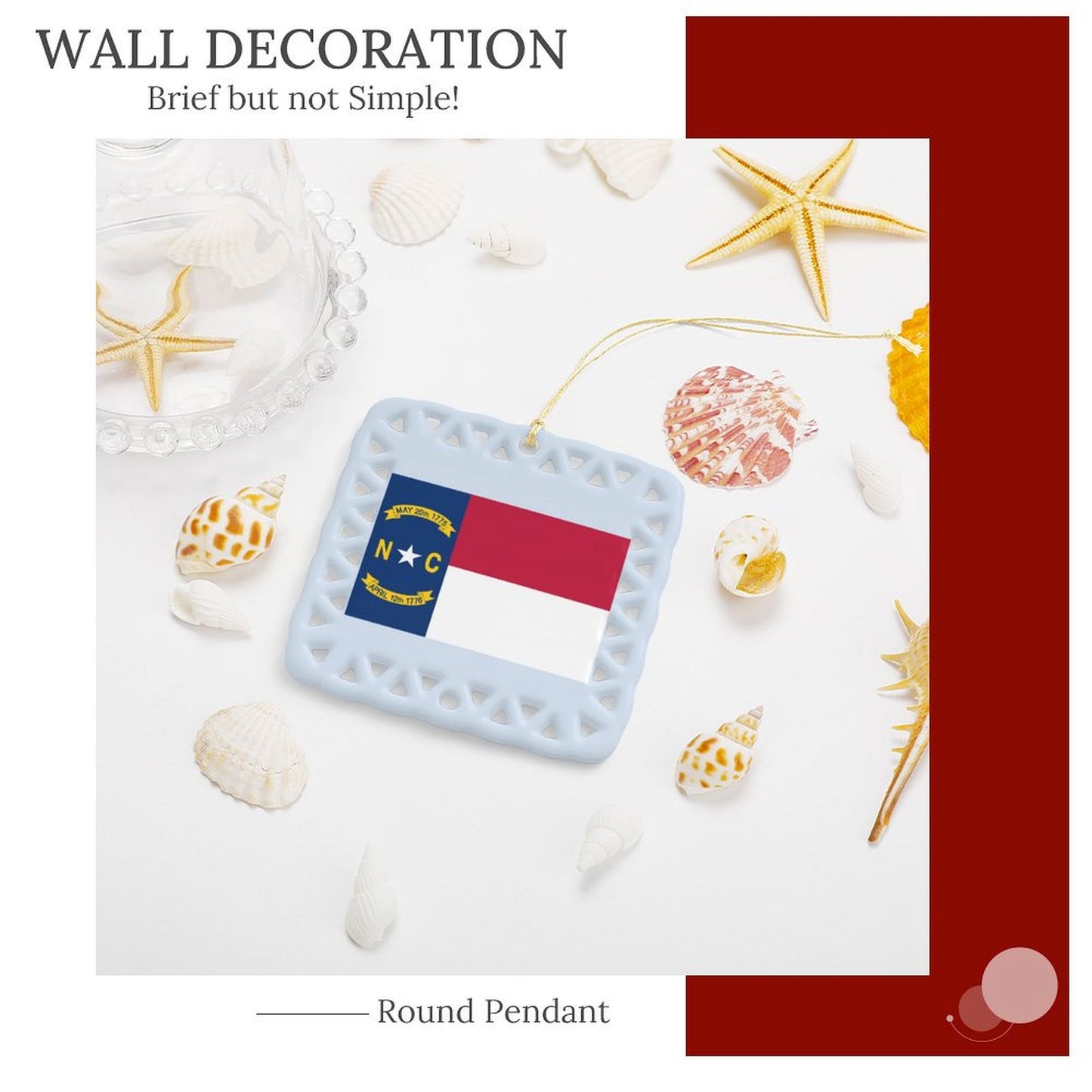 North Carolina Flag Inspired Square Ceramic Ornament Made in the USA