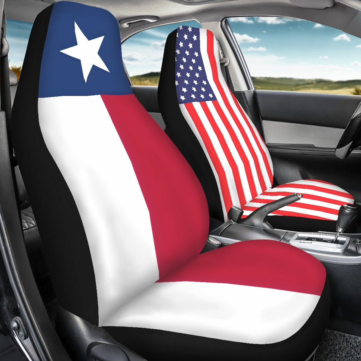 [Brand] car seat covers featuring Texas and American flags.