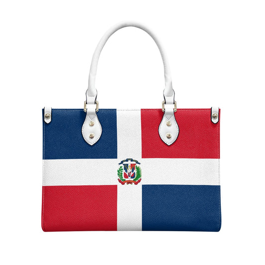 [Brand] handbag featuring Dominican Republic flag design and emblem.