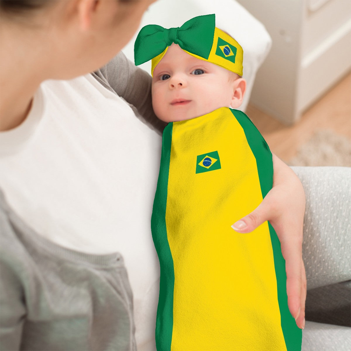 Brazil Flag Inspired Baby Swaddle Sack with Baby Headband