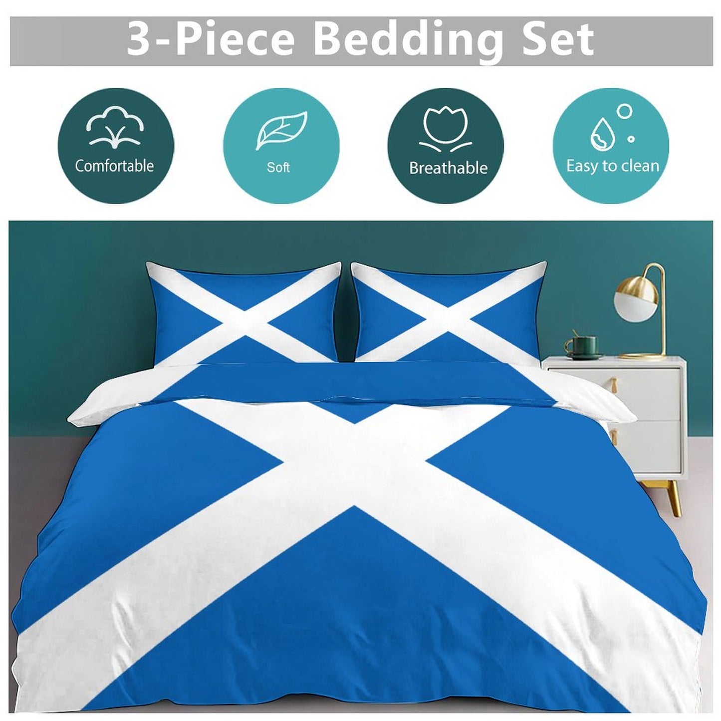 Scotland Flag Inspired 3-Piece Bedding Set (1 Duvet Cover + 2 Pillow Shams) – 102"×90"