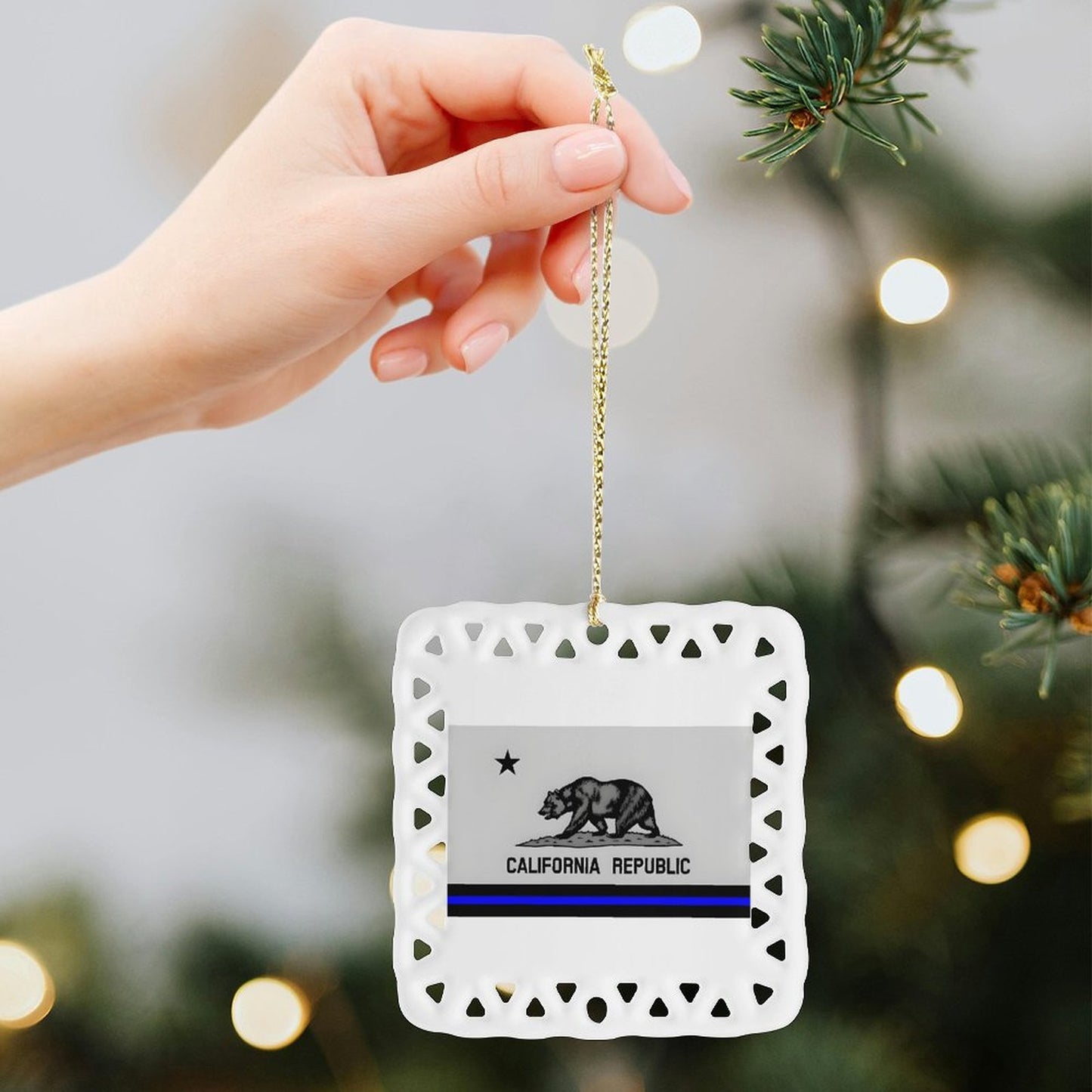 Thin Blue Line California Flag Inspired Square Ceramic Ornament (Made in the USA)