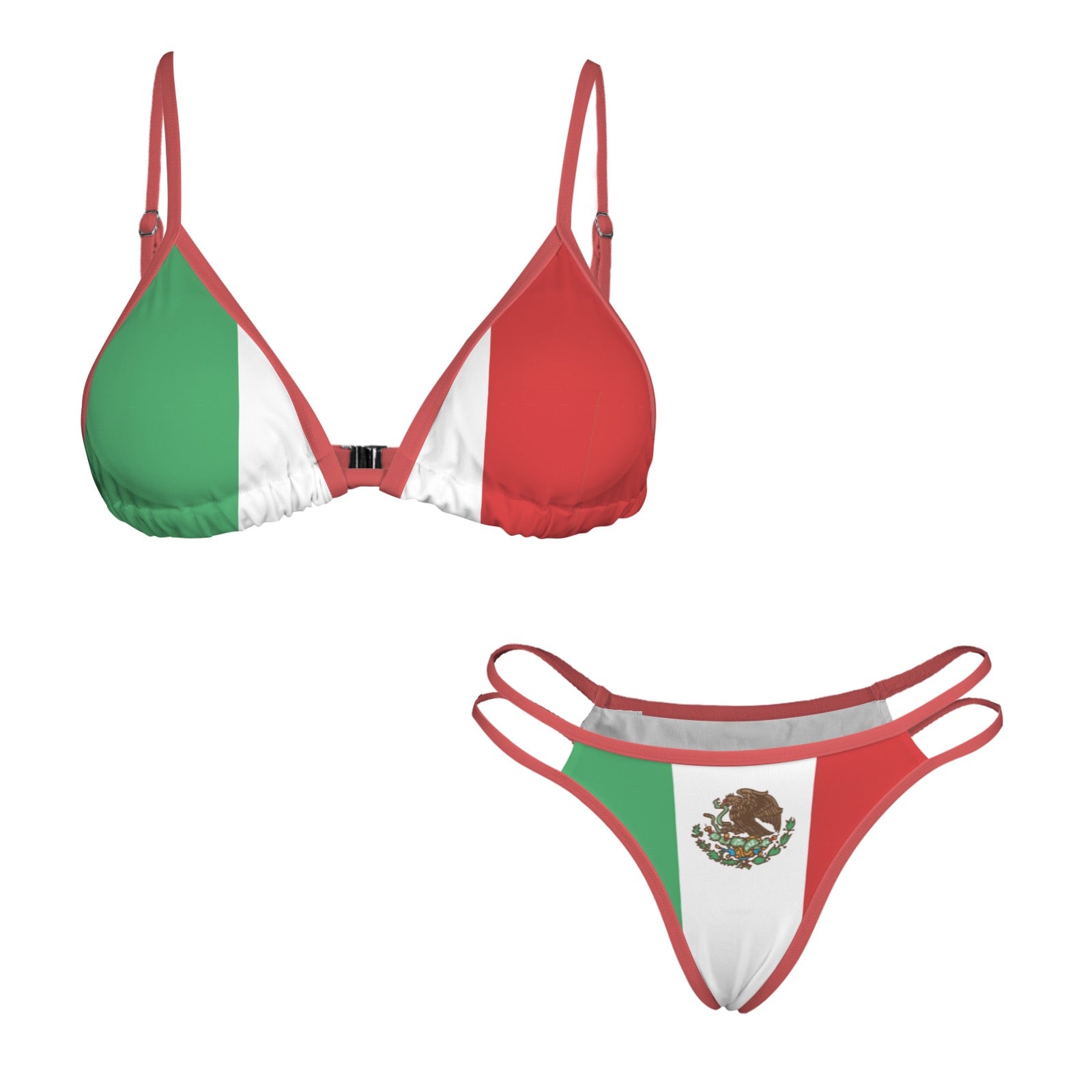 [Brand] bikini with Mexican flag design, featuring vibrant colors.