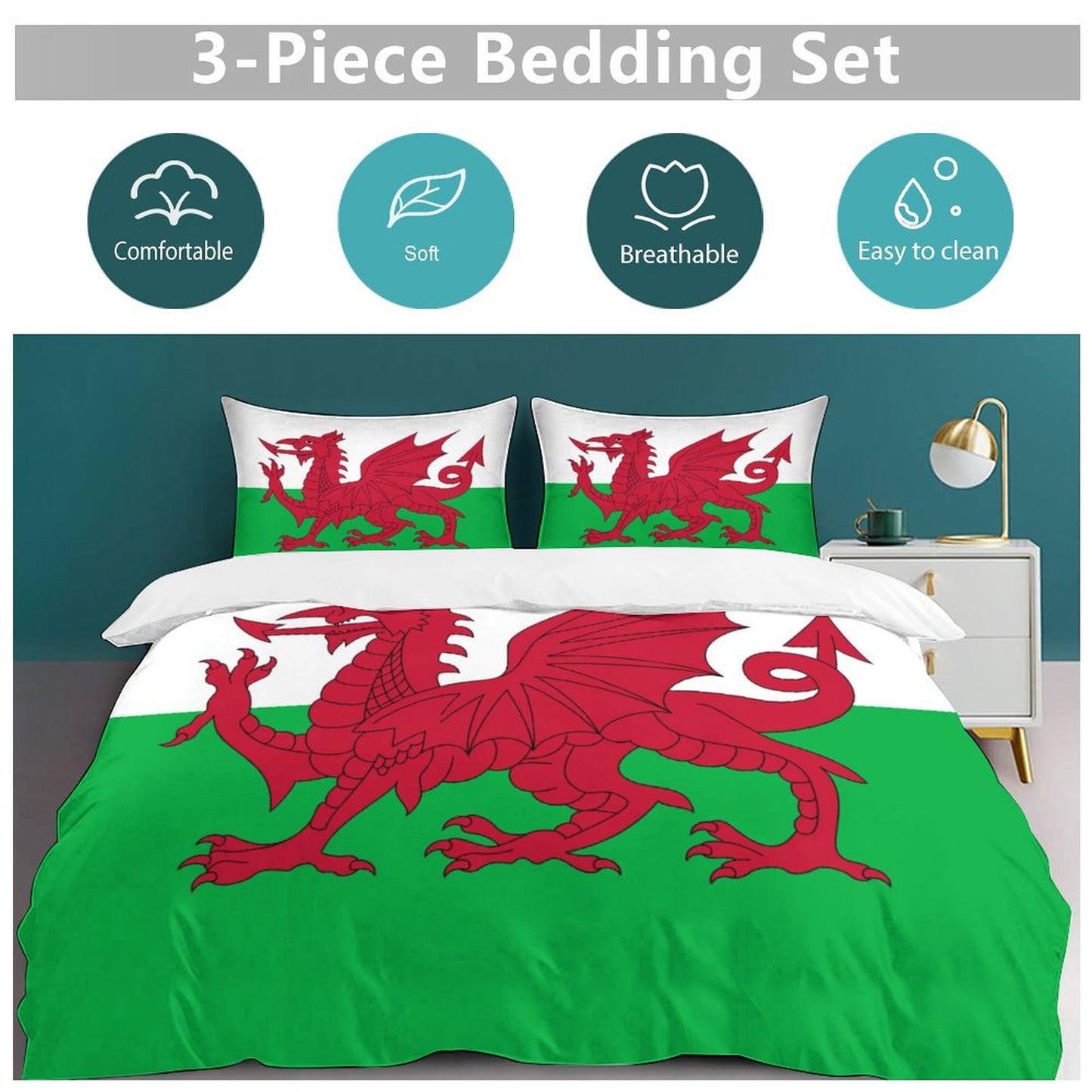 Wales Flag Inspired 3-Piece Bedding Set (1 Duvet Cover + 2 Pillow Shams) – 102"×90"
