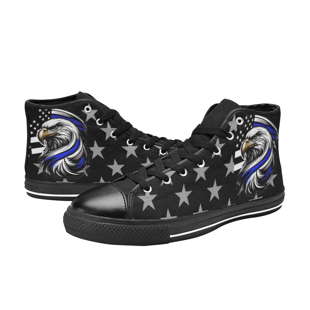 Thin Blue Line Flag Inspired Eagle "BACK THE BLUE" Kid's High Top Canvas Shoes