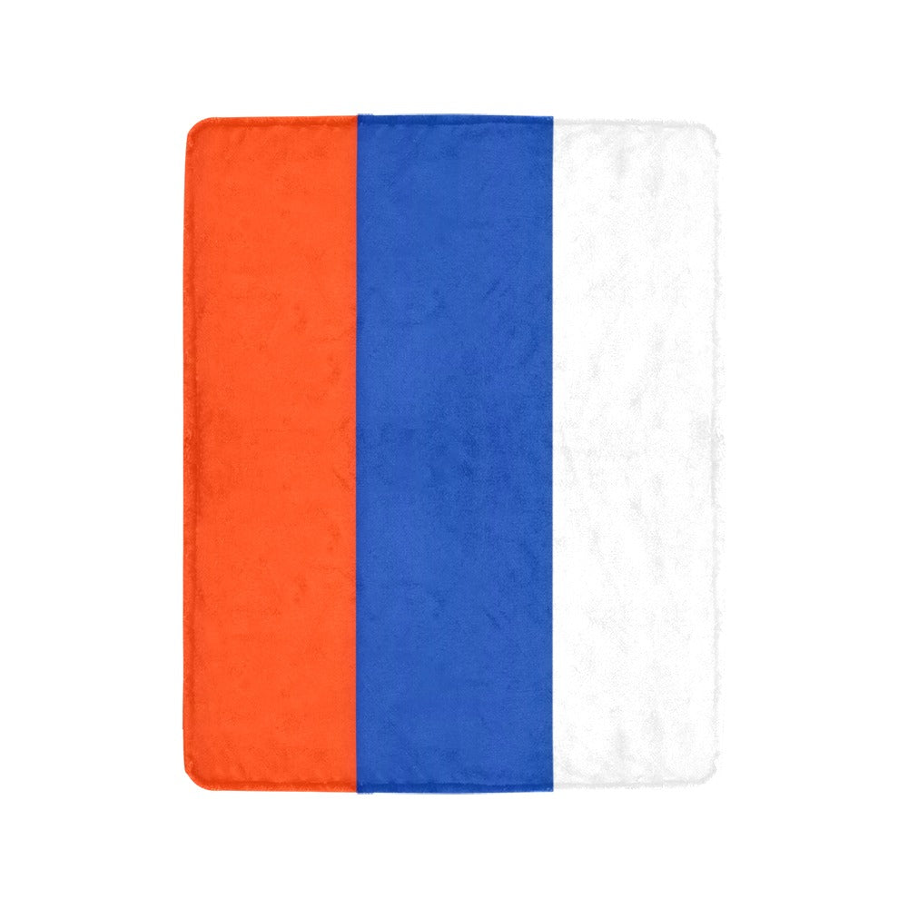 Luv My Flag blanket with vertical stripes: orange, blue, white.