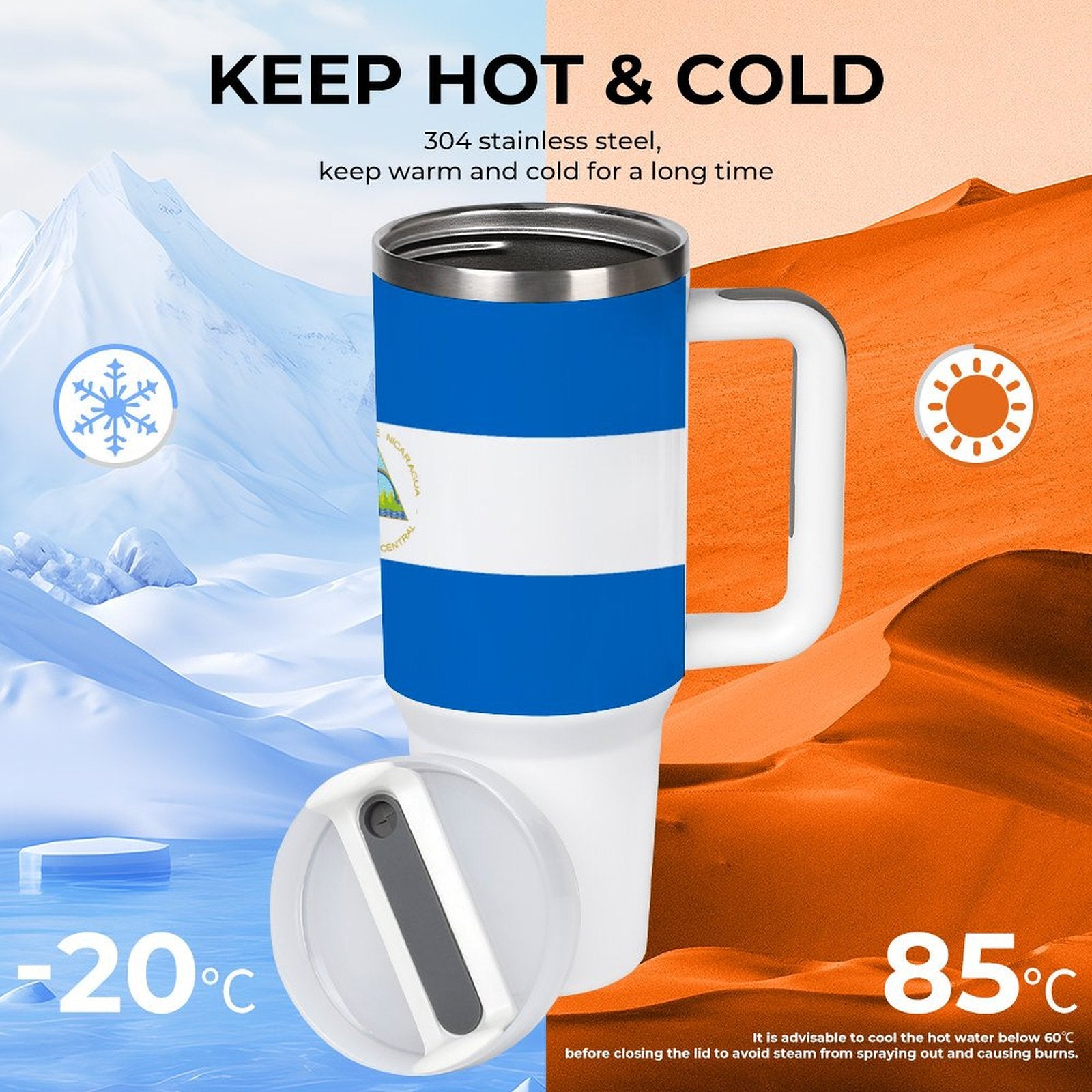 [Brand] insulated mug with blue design, cold and hot symbols.