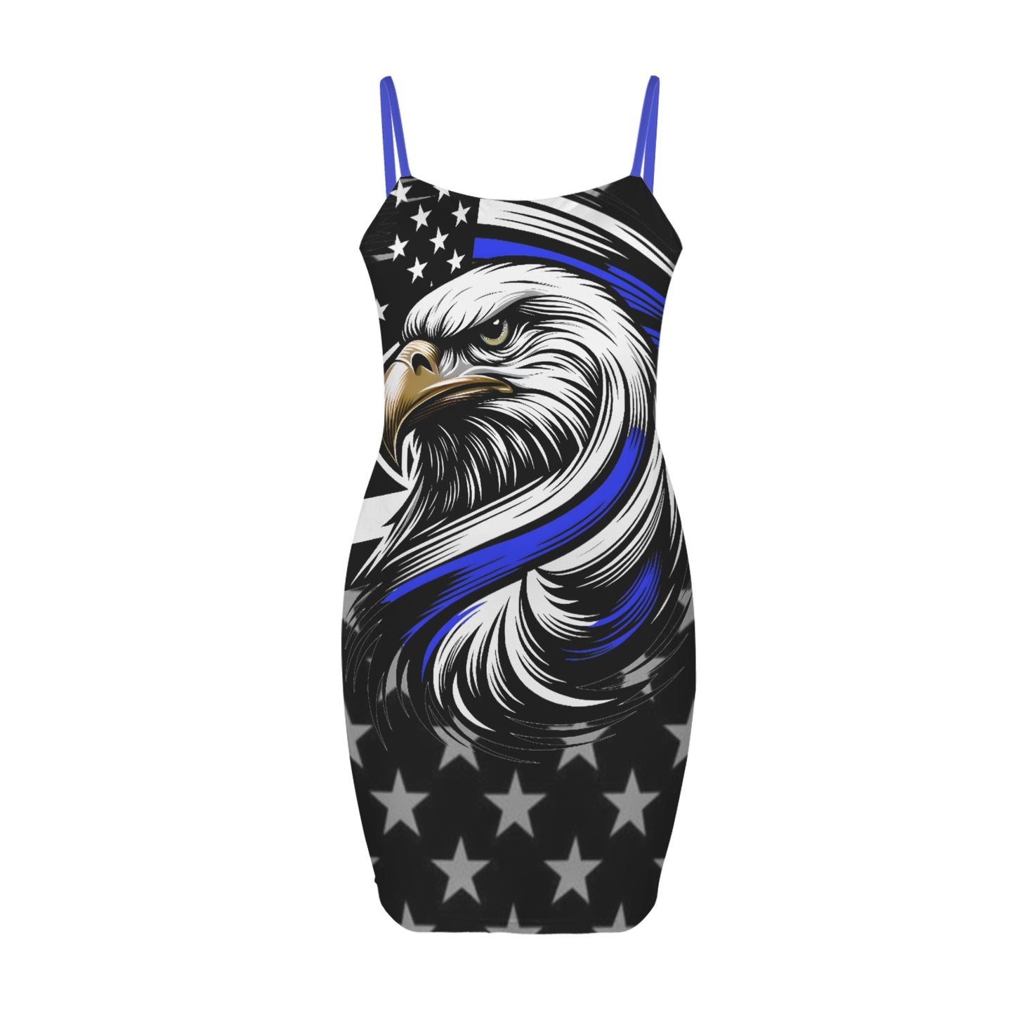 Thin Blue Line Flag Inspired Eagle On Gray Stars Backless Spaghetti Strap Bodycon Dress