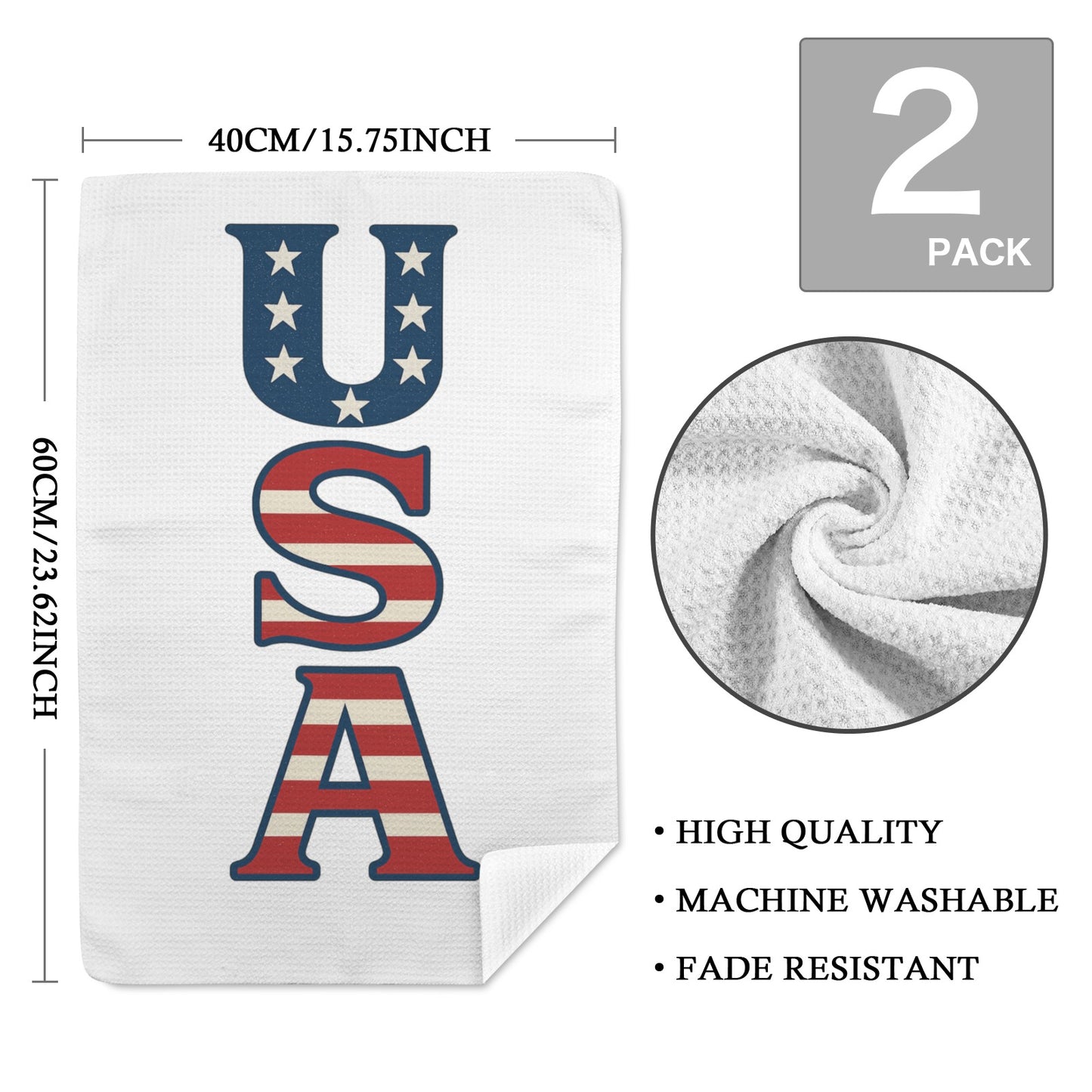 USA/American Flag Inspired "USA" Kitchen Towel 40X60cm (Pack of 2) (Made in the USA)