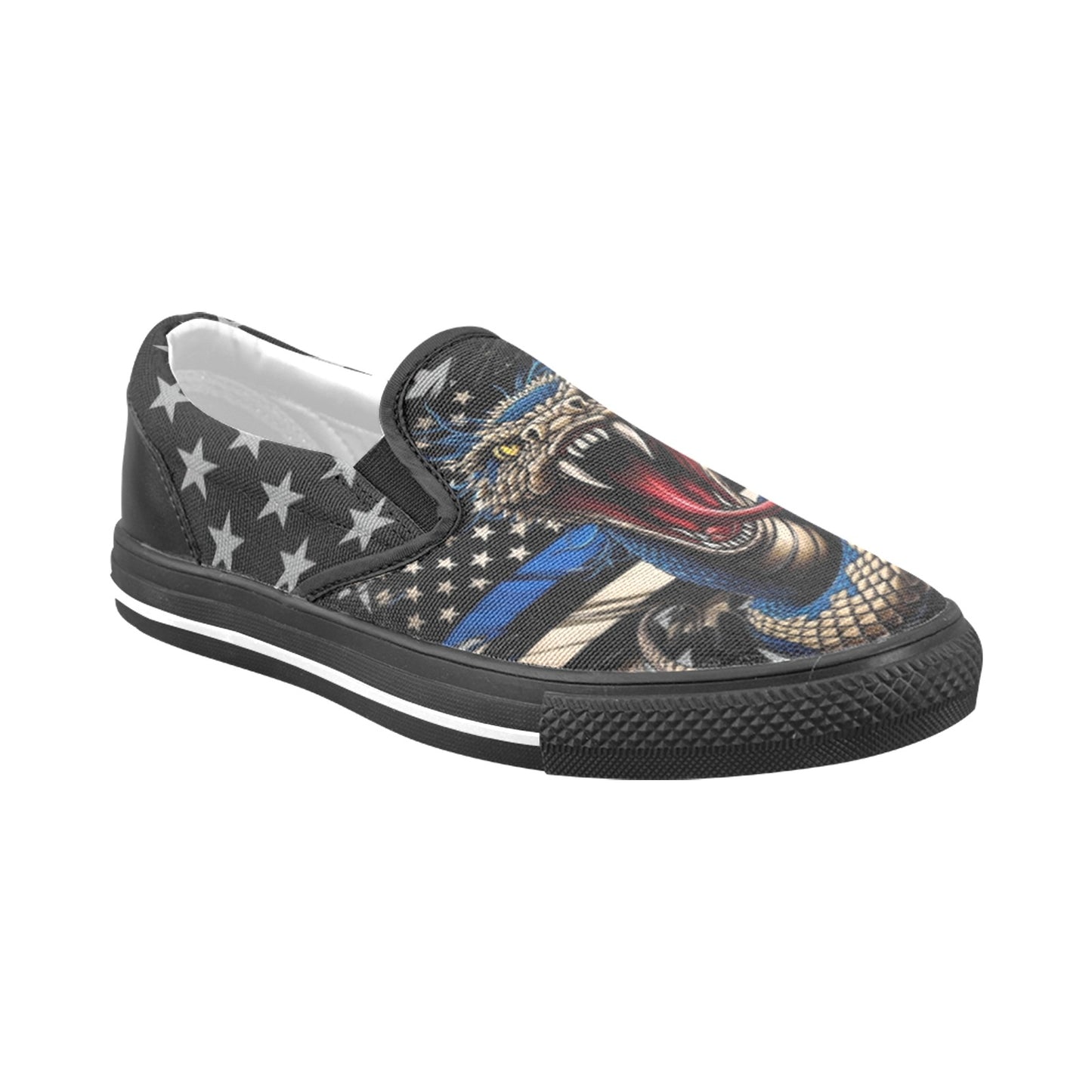 Thin Blue Line Flag Inspired Snake Slip-on Canvas Men's Shoes (Model019)(Two Shoes With Different Printing)