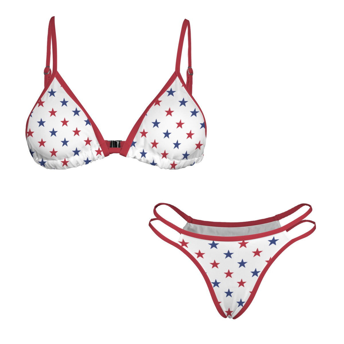 USA/American Flag Inspired Red and Blue Stars w/Red String Double-Strap Triangle Bikini Set