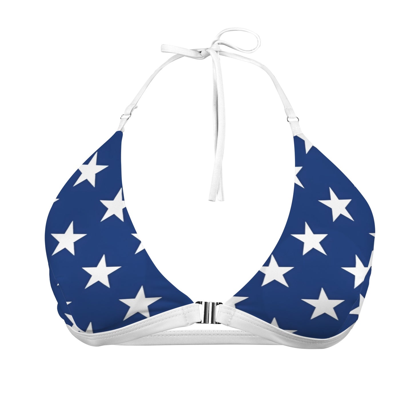 USA/American Flag Inspired White Stars on Blue w/White String Halter Bikini Top (Front Buckle)