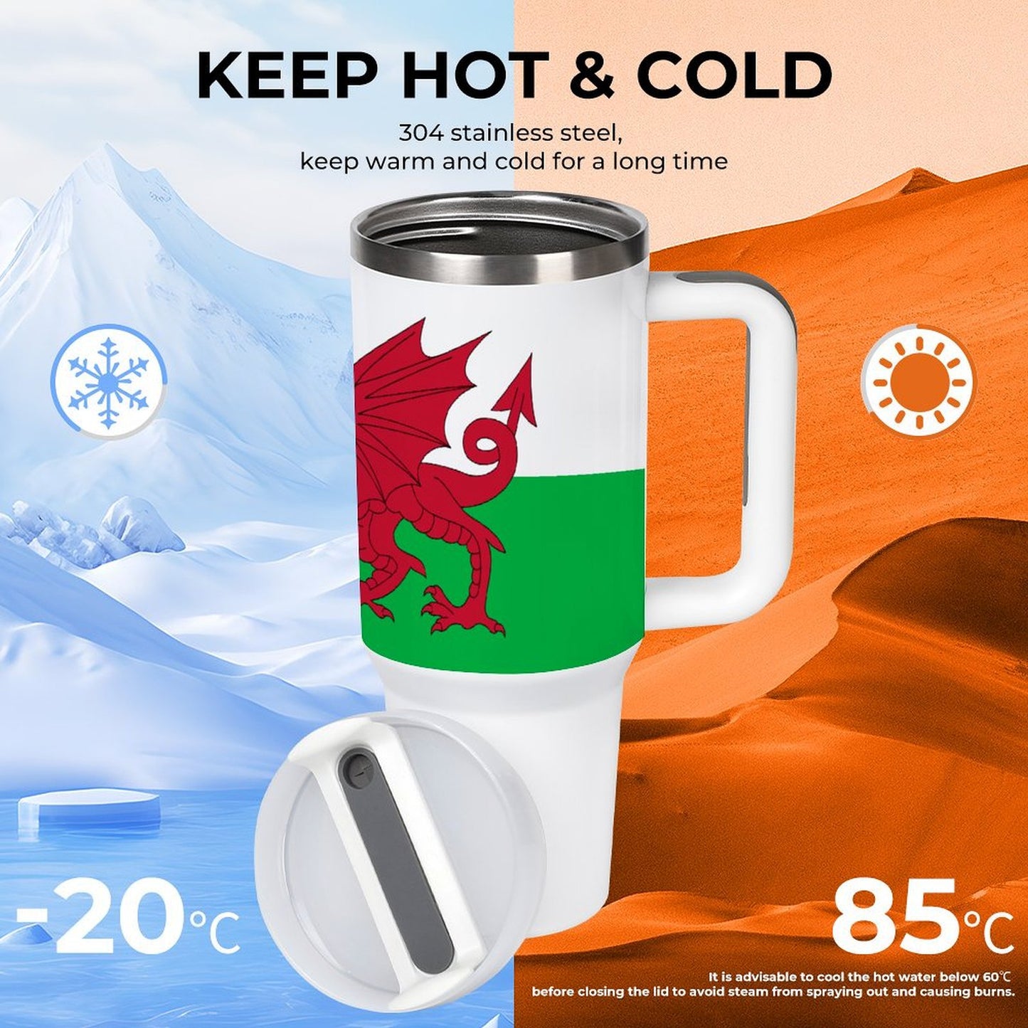 [Brand] insulated mug, dragon design, keeps liquids hot or cold.