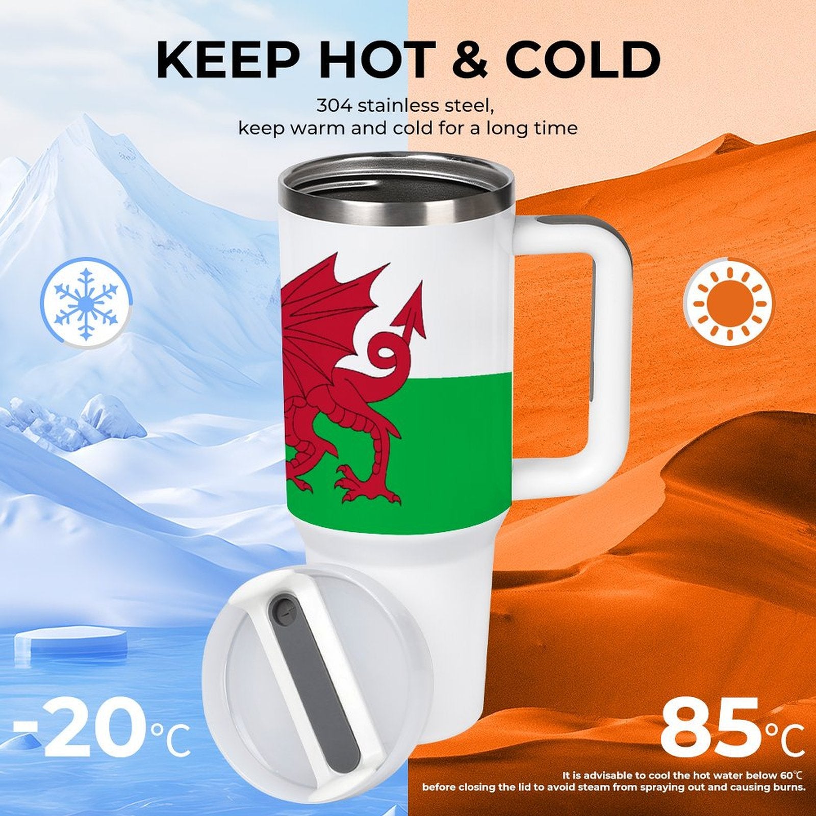[Brand] insulated mug, dragon design, keeps liquids hot or cold.