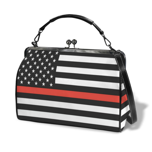 Thin Red Line Flag Inspired Kisslock Crossbody Shoulder Bag-Large