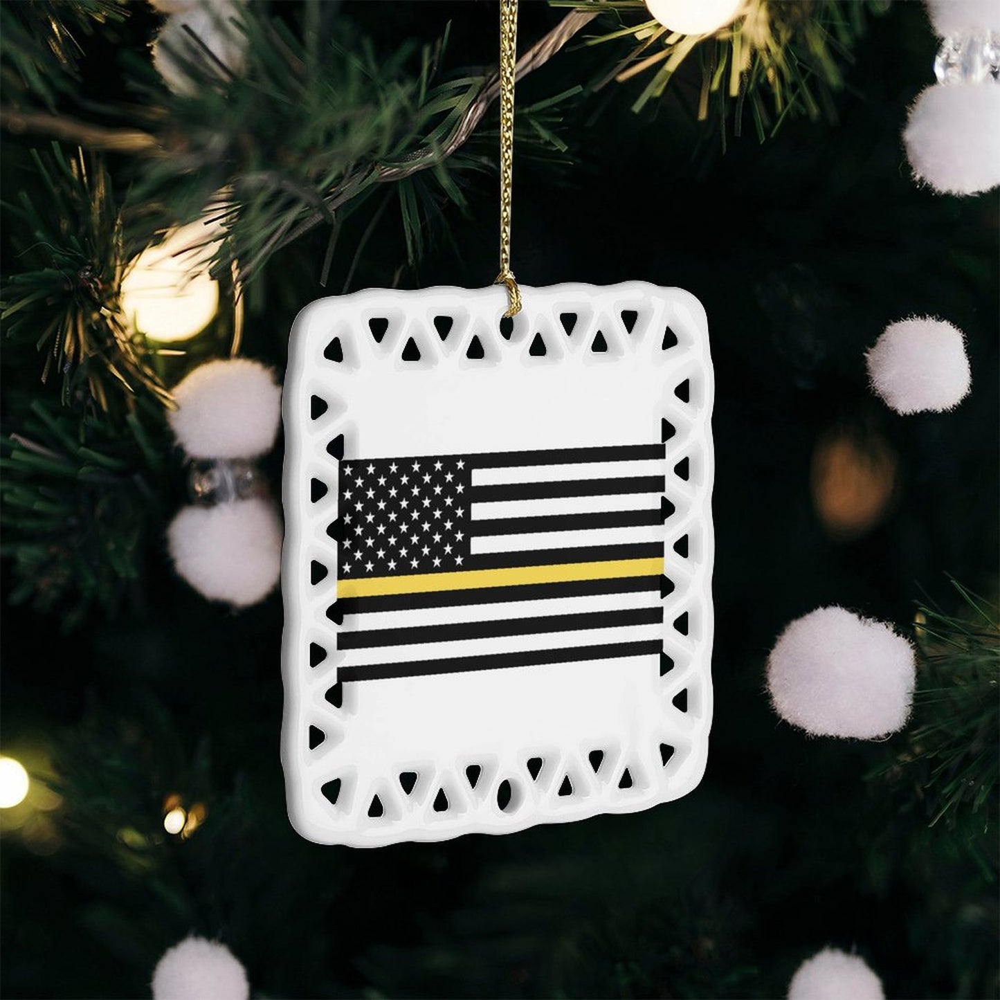 Thin Gold Line Flag Inspired Square Ceramic Ornament (Made in the USA)