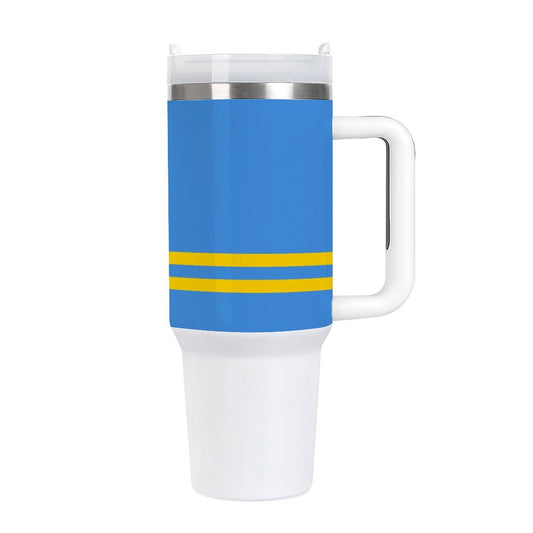[Brand] travel mug, blue with yellow stripes, white handle.