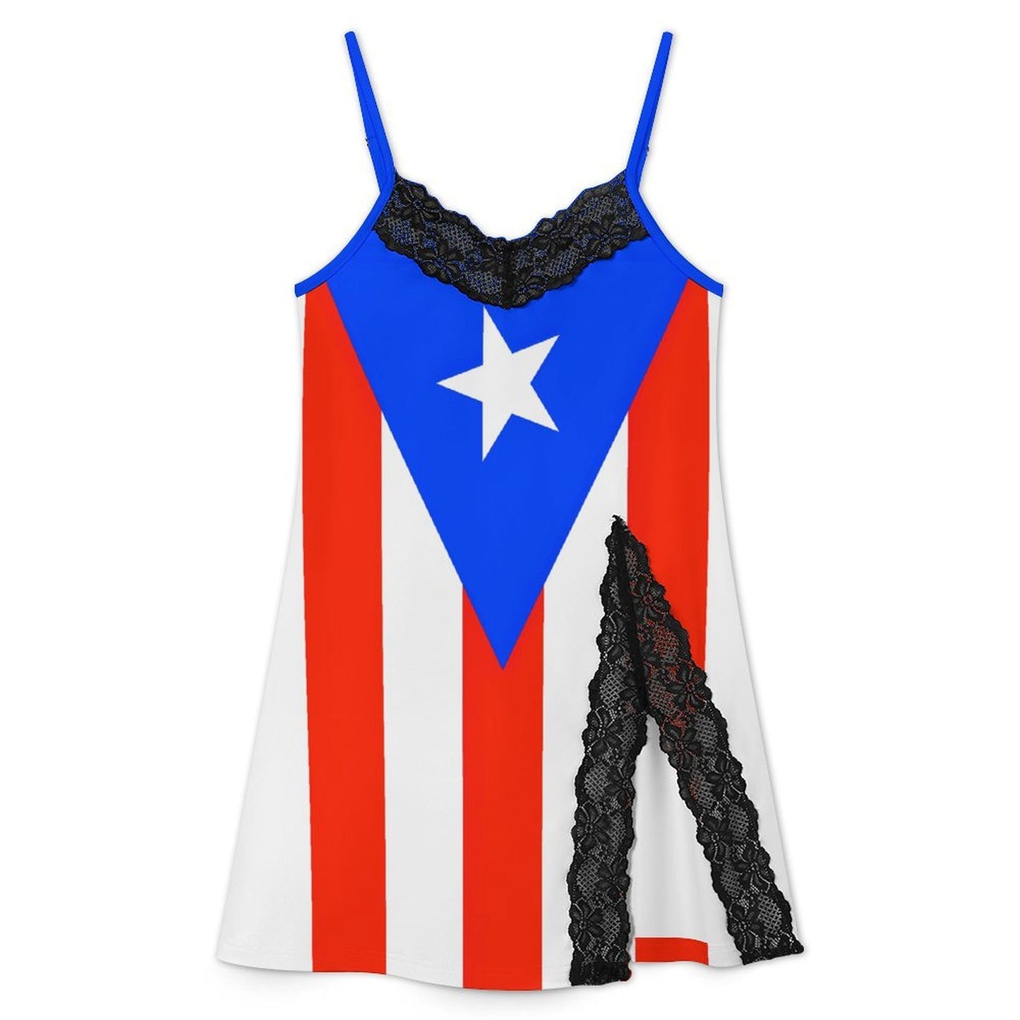 Puerto Rico Flag Inspired Women's Lace Slit Cami Pajama Dress