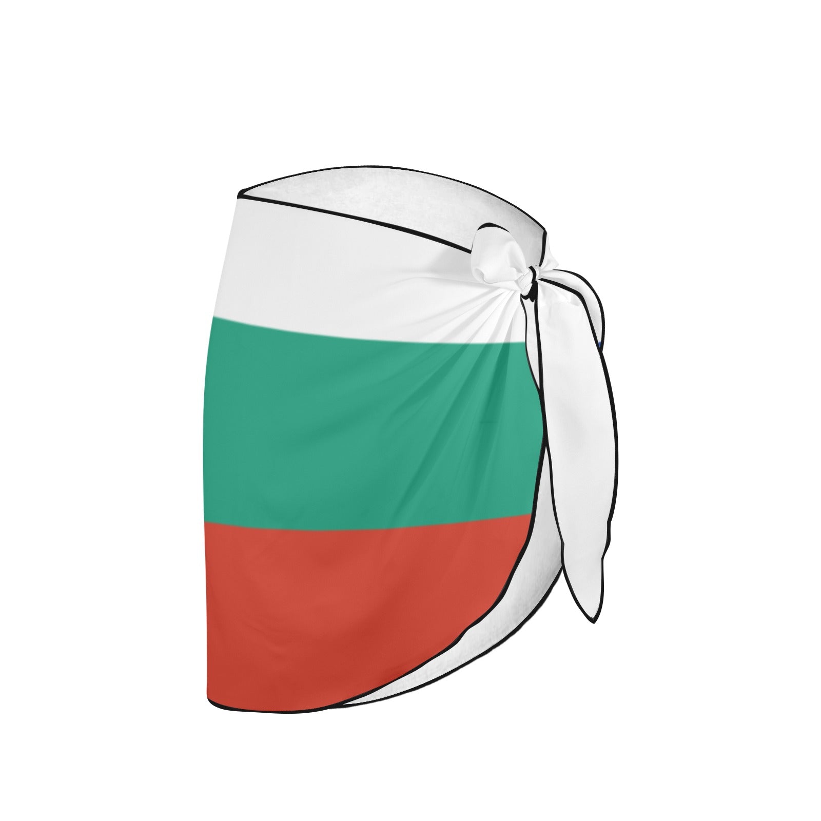 [Brand] sarong styled with Bulgarian flag colors, tied elegantly.