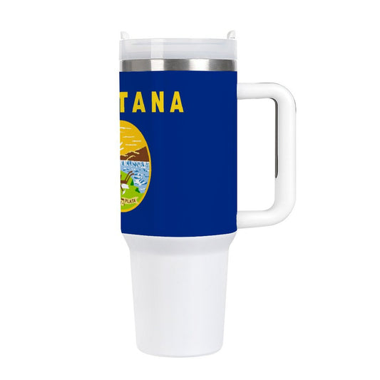 [Brand] travel mug with Montana flag design, white handle.