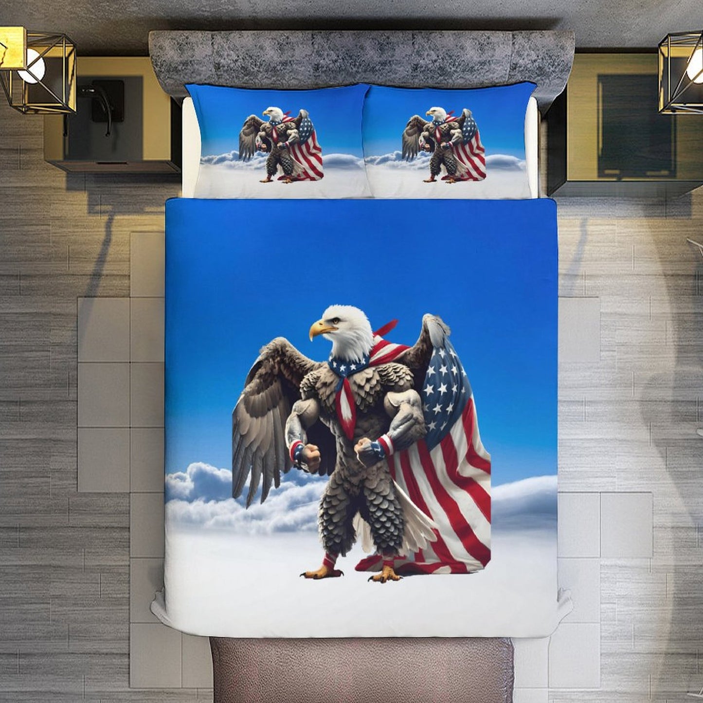 USA/American Flag Inspired Eagle with Cape On The Clouds 3-Piece Bedding Set (1 Duvet Cover + 2 Pillow Shams) – 102"×90"