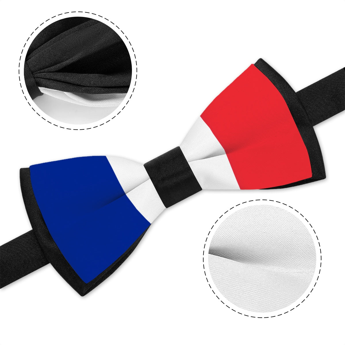 [Brand] bow tie with French flag colors and details.
